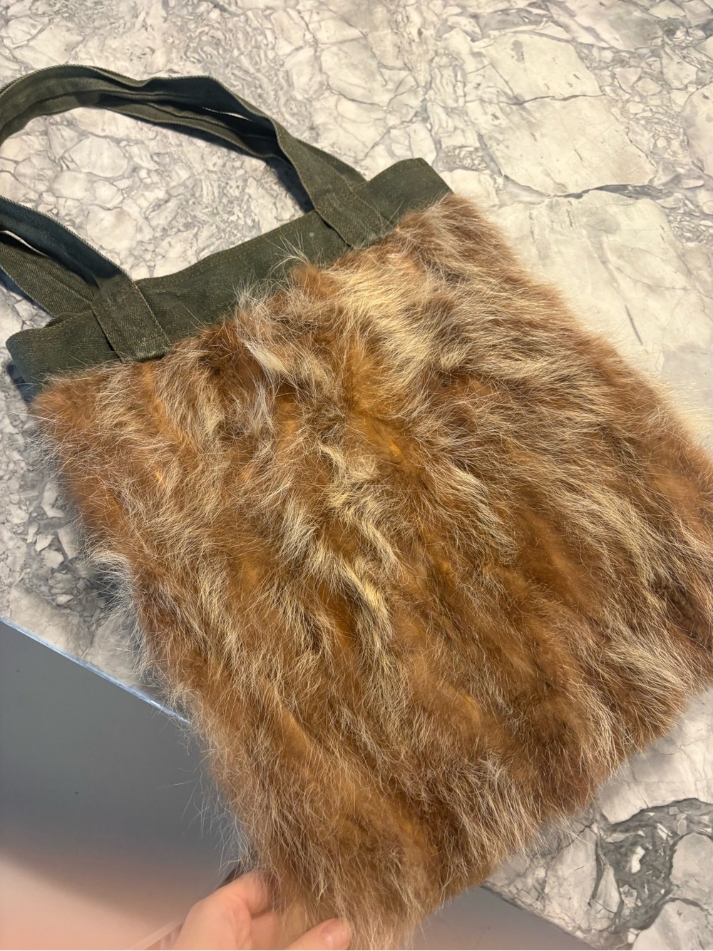 Vera Pelle Italy Faux Fur Tote Bag in Brown with Olive Accents